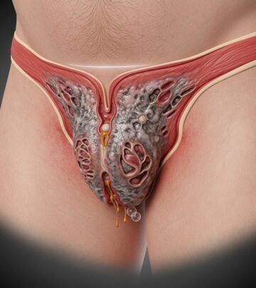 A life-threatening necrotizing fasciitis of the perineum requiring urgent surgical intervention and antibiotics.